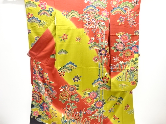 JAPANESE KIMONO / FURISODE / SILK / KYO BINGATA / BUCKET & FLORAL PLANTS